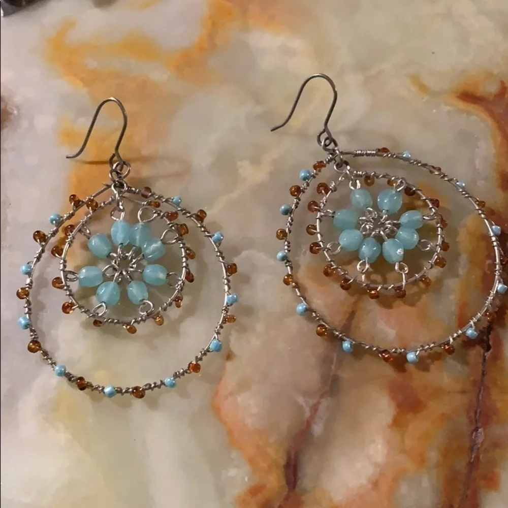 Vintage beaded wire hoop boho earrings
